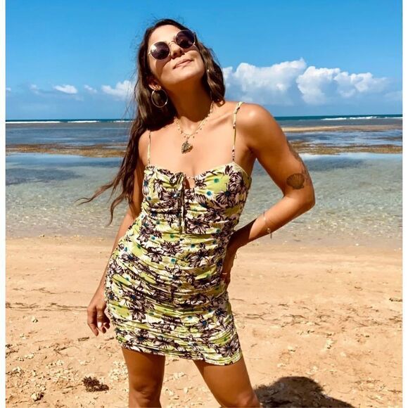 Follow The Sun Tropical Green Ruched Mini Dress NWT | Size S - Picture 1 of 5